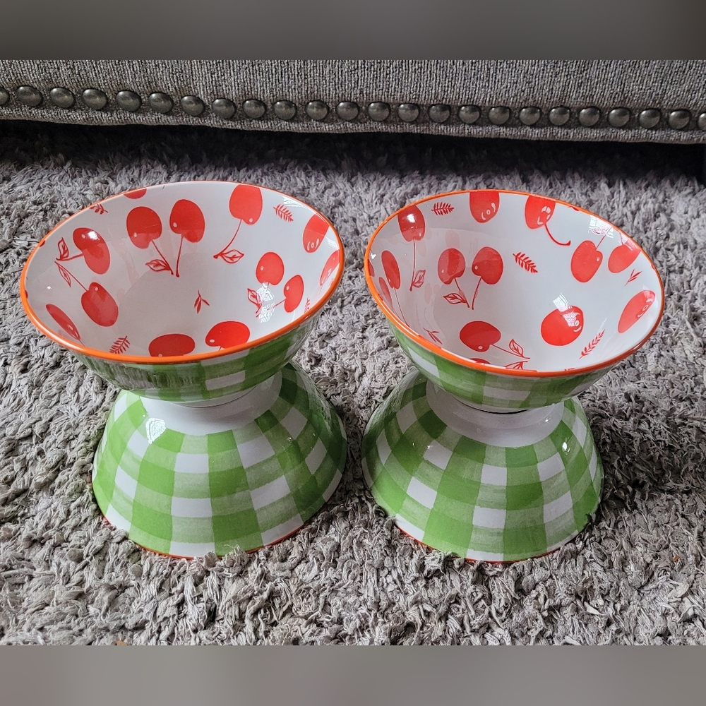Cherry Print Ceramic Bowl - White with Red Cherries New Set Of 4 - Picture 3 of 6
